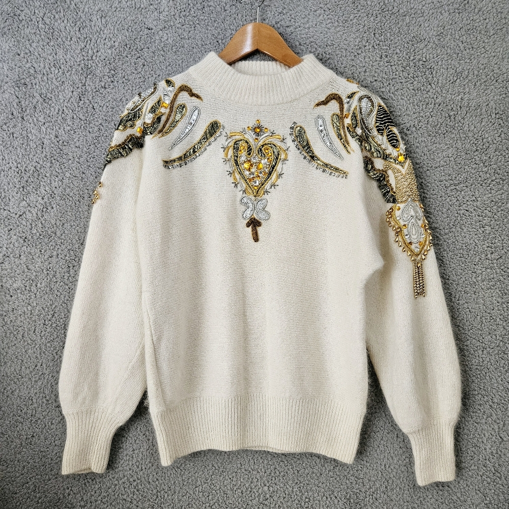 Vintage Cedars Angora Silk Wool Sweater Small Embellished 80s 90s Off White Gold